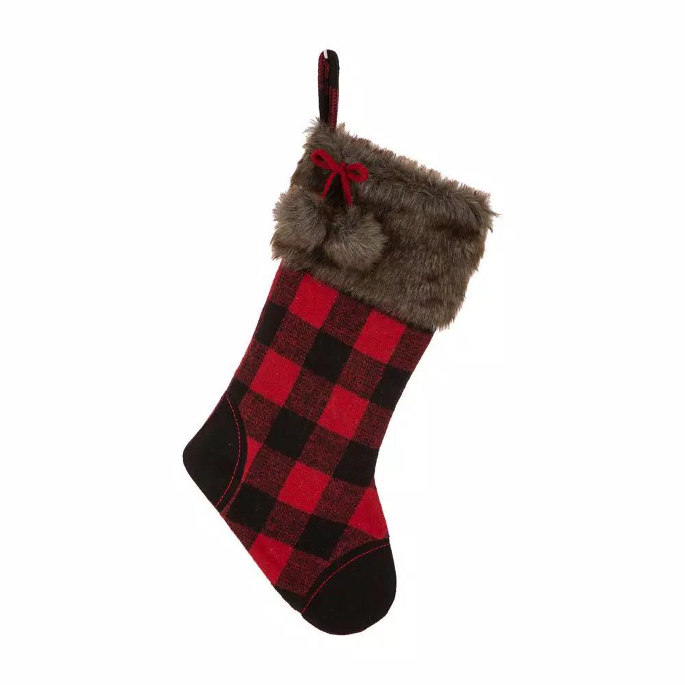 Glitzhome 21 in. Buffalo Plaid Christmas Stocking - Black and Red Polyester Fur