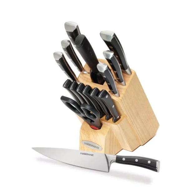 Farberware 15-Piece Triple Rivet Forged Knife Block Set with High Carbon Stainless Steel Blades