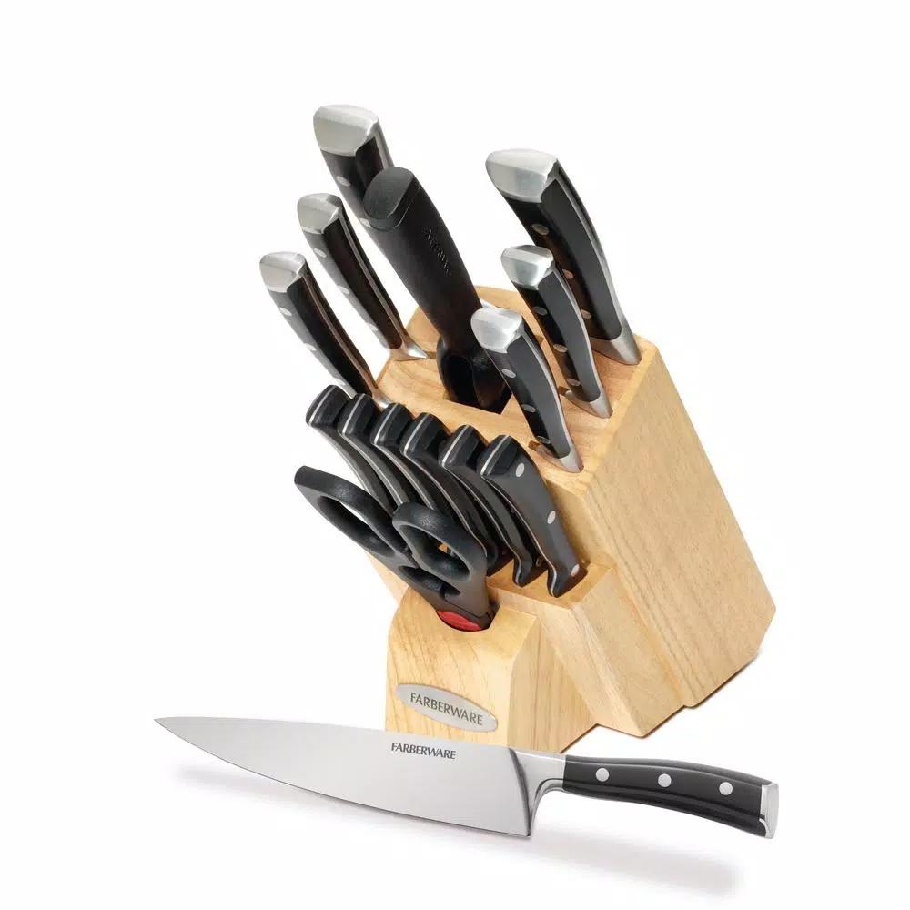 Farberware 15-Piece Triple Rivet Forged Knife Block Set with High Carbon Stainless Steel Blades