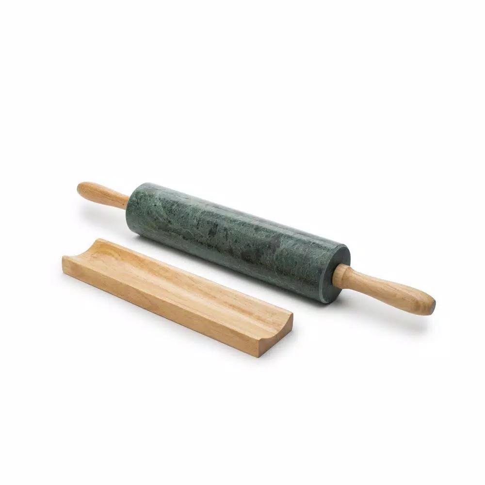 Fox Run Green Marble Rolling Pin with Wooden Handles and Base