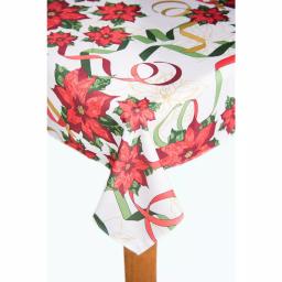 Lintex Christmas Ribbon Floral Pattern Tablecloth, 70 in. Round, Red and Green on White, 100% Polyester thumbnail 1