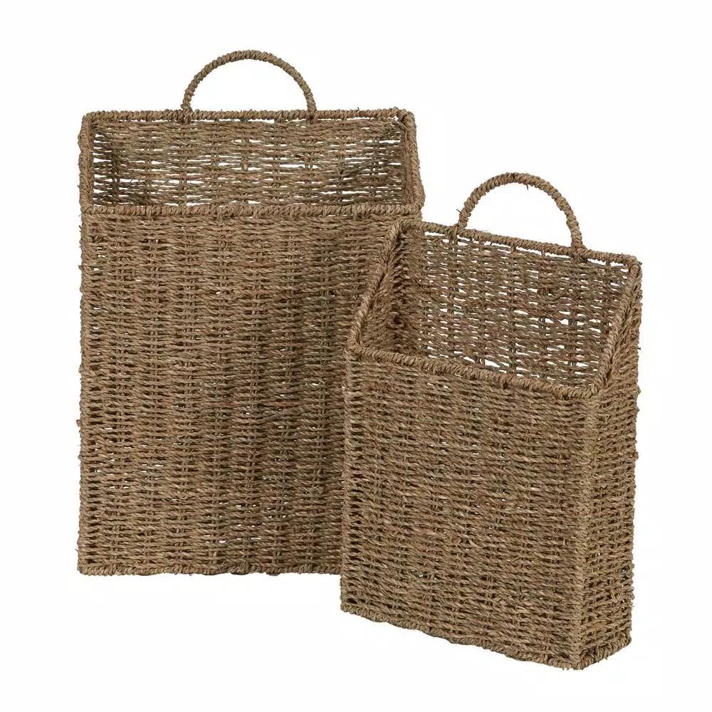 Household Essentials Seagrass Wicker Wall Basket Set, 2-Piece Rectangular Hanging Storage Baskets with Metal Frame