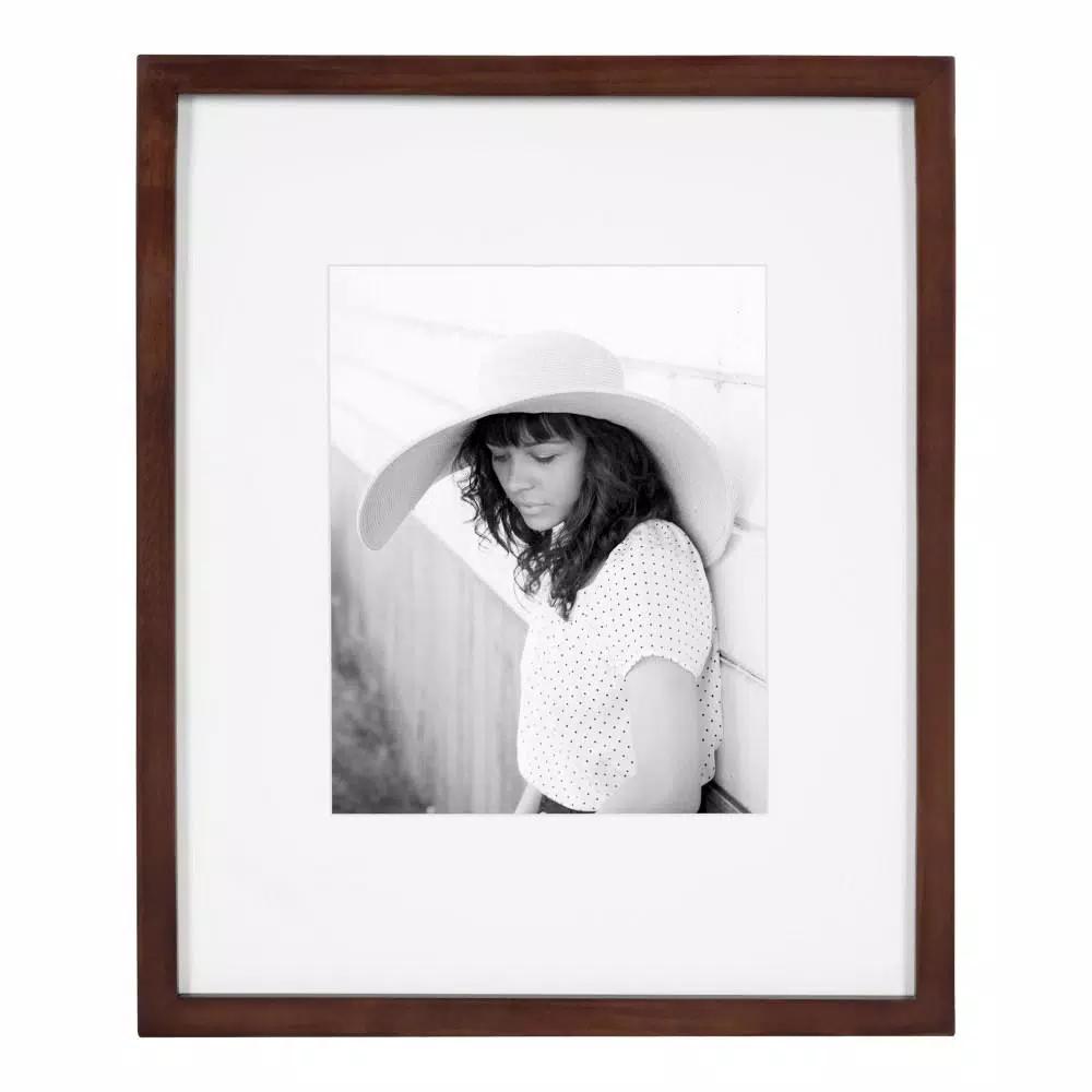 DesignOvation Gallery 13 x 16 in. Walnut Brown Wood Picture Frame with White Mat for 8 x 10 in. Photos