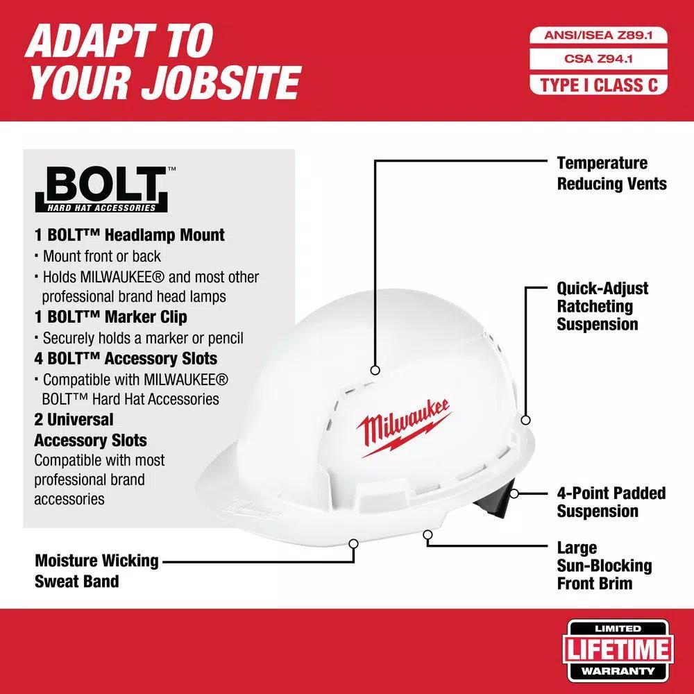 Milwaukee 475 Lumen LED Rechargeable Hard Hat Headlamp & BOLT Vented Hard Hat Combo