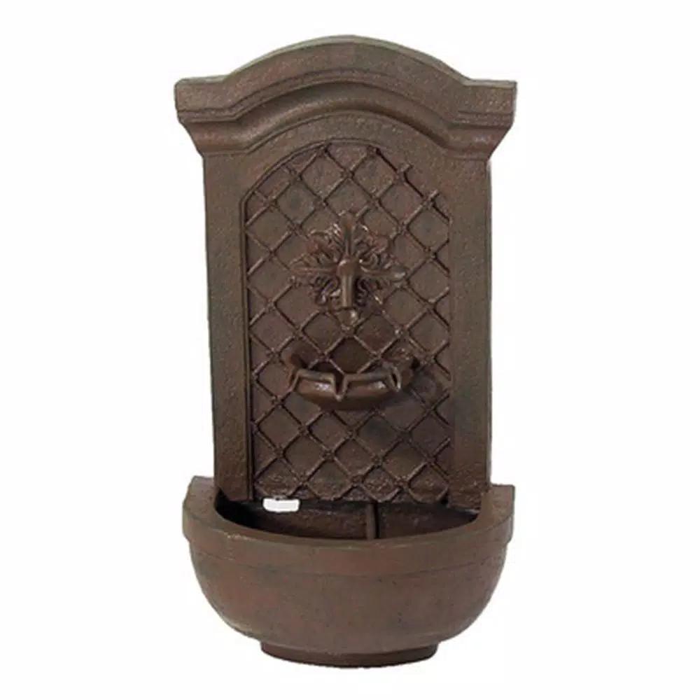 Sunnydaze Decor Rosette Resin Weathered Iron Solar Outdoor Wall Fountain with Battery Backup