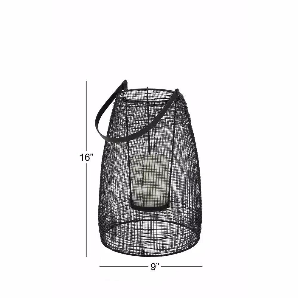 LITTON LANE Large Black Metal Mesh Lantern Candle Holder with Suspended Hurricane Glass