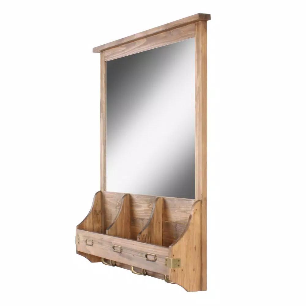 Kate and Laurel Stallard Rustic Brown Multi-Function Wall Mirror Memo Board with Hooks and Pockets