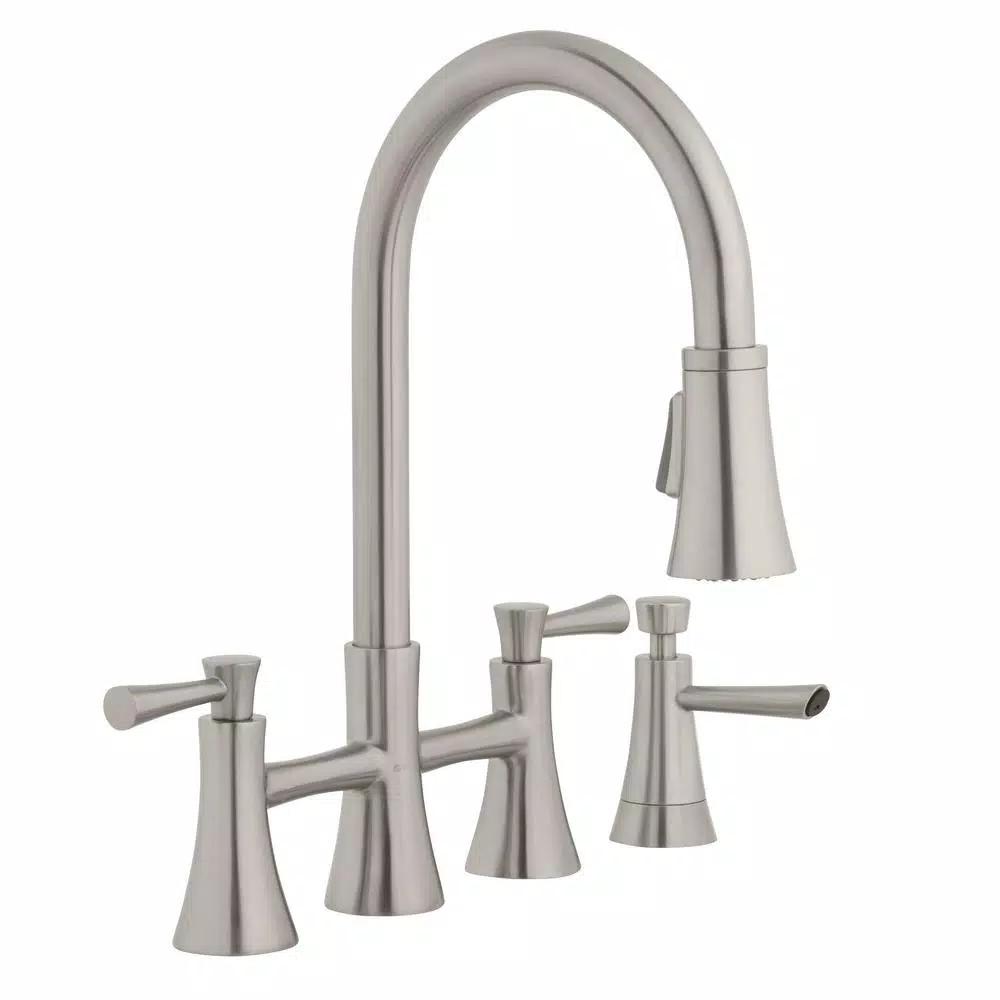 Glacier Bay Selma 2-Handle Bridge Kitchen Faucet with Pull-Down Sprayer and Soap Dispenser, Stainless Steel
