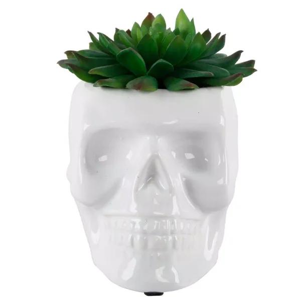 Flora Bunda White Ceramic Sugar Skull Succulent Planter with Artificial Plant, 4.5 x 3.5 in.