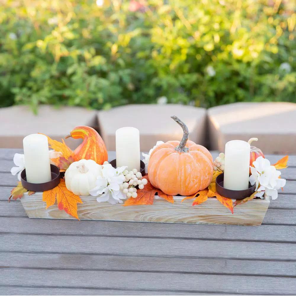 Flora Bunda 23 in. Fall Harvest Wood Ledge Pumpkin Arrangement Centerpiece Candle Holder with Berries and Leaves