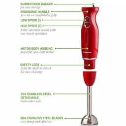 Ovente HS565 300W Immersion Blender Set with Chopper, Whisk, and 24 oz. Beaker - Red thumbnail 3