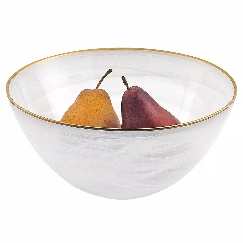 Badash Crystal 10 in. White Alabaster Glass Serving Bowl with Gold Rim, 32 oz.