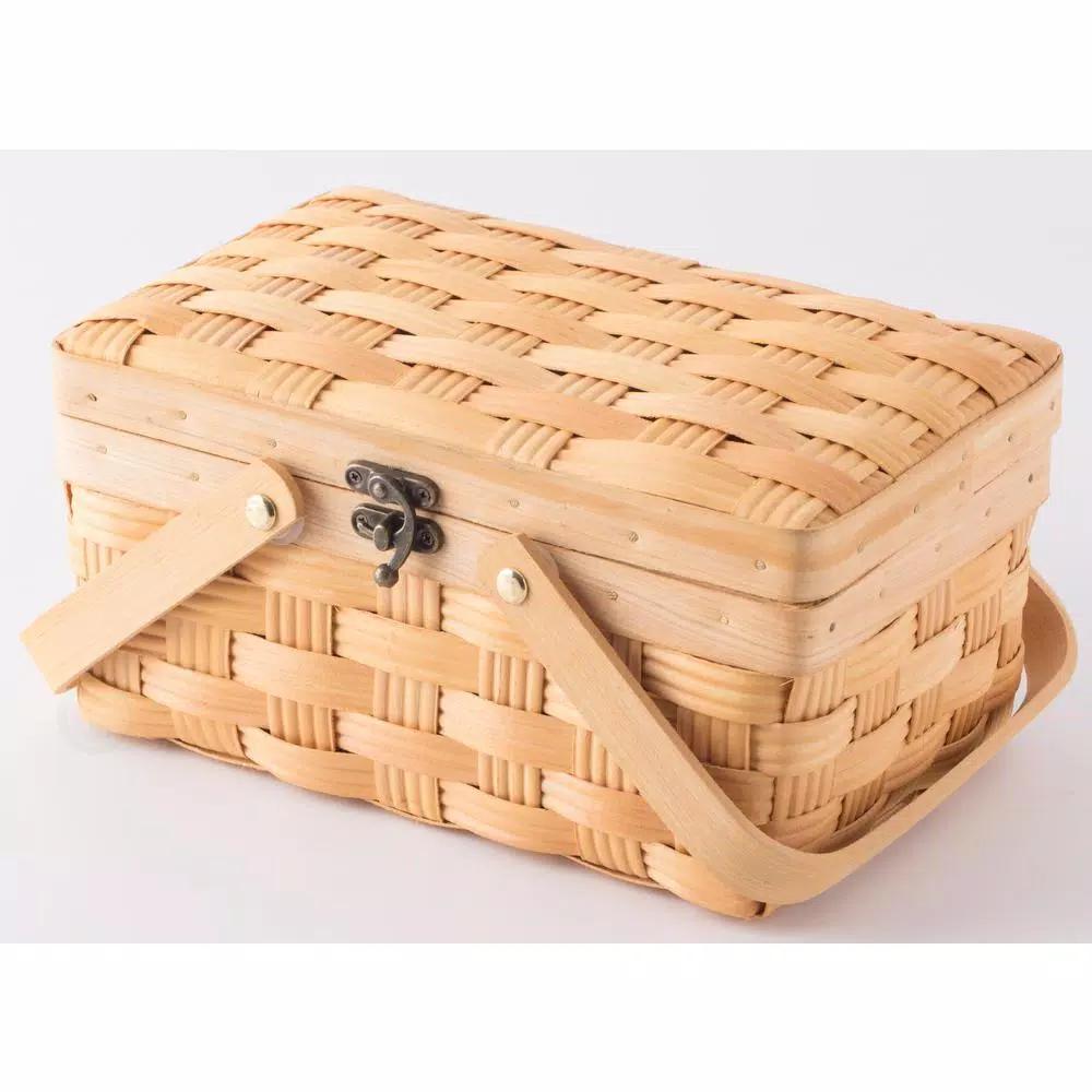 Vintiquewise Small Handwoven Woodchip Picnic Basket with Lid and Folding Handles, Brown