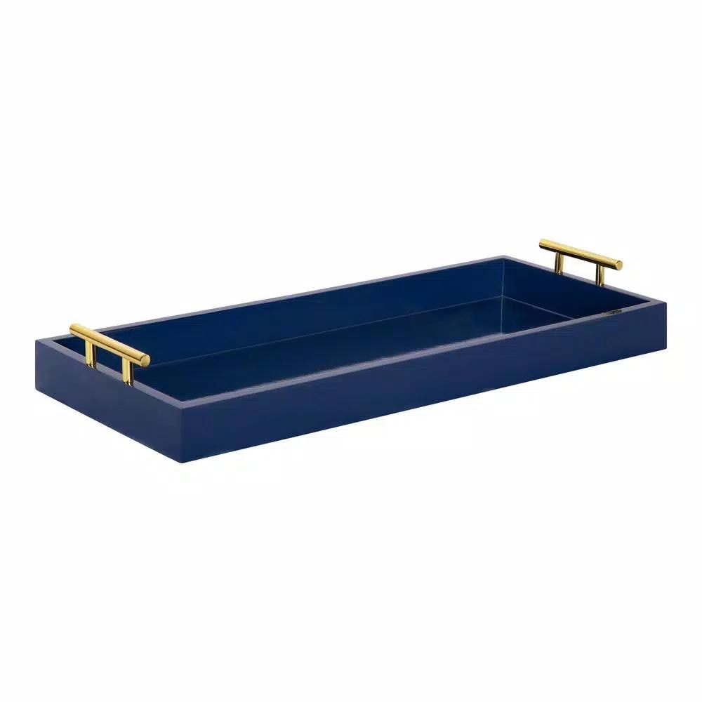 Kate and Laurel Lipton Navy Blue Decorative Rectangular Tray with Polished Metal Handles