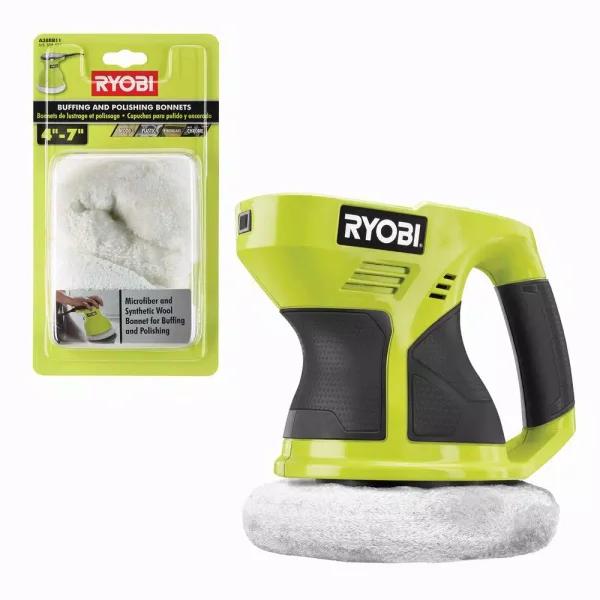 RYOBI 18V ONE+ 6 in. Cordless Buffer Tool Only with 2-Piece Microfiber and Synthetic Fleece Bonnet Set