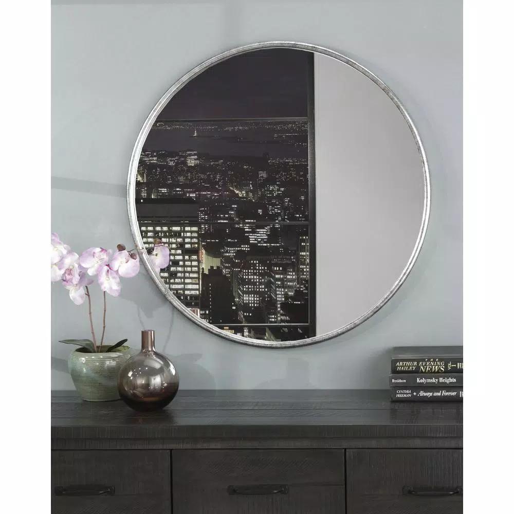 Martin Svensson Home 30 in. Round Modern Accent Mirror with Slim Pewter Metal Frame