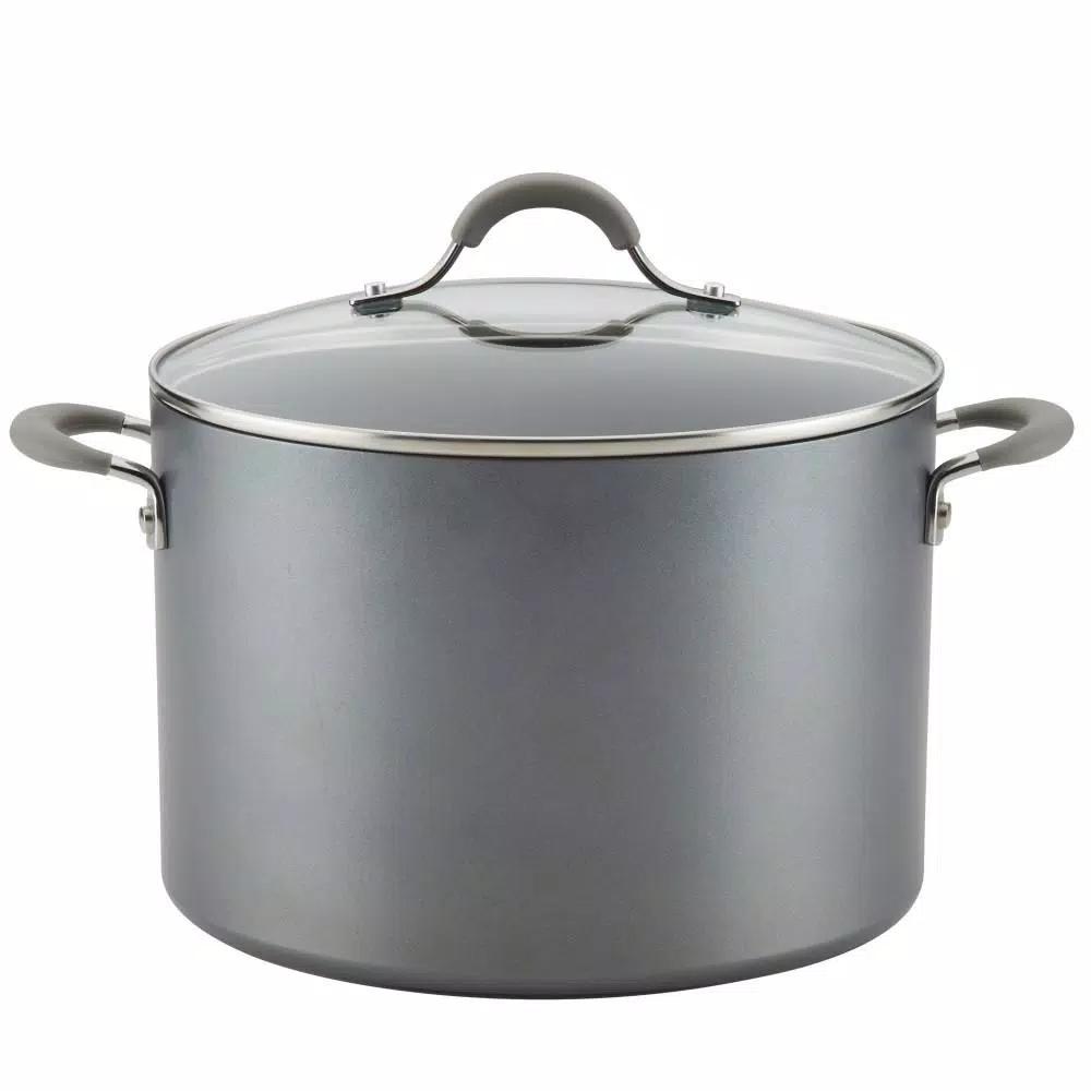 Circulon Elementum 10-Quart Hard-Anodized Aluminum Nonstick Stock Pot with Glass Lid, Oyster Gray