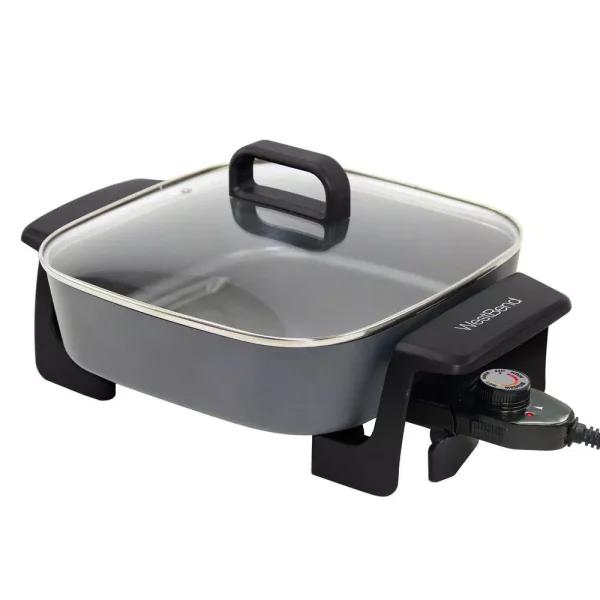 West Bend 12 in. Gray Square Electric Skillet with Grease Channel and Tilt Leg