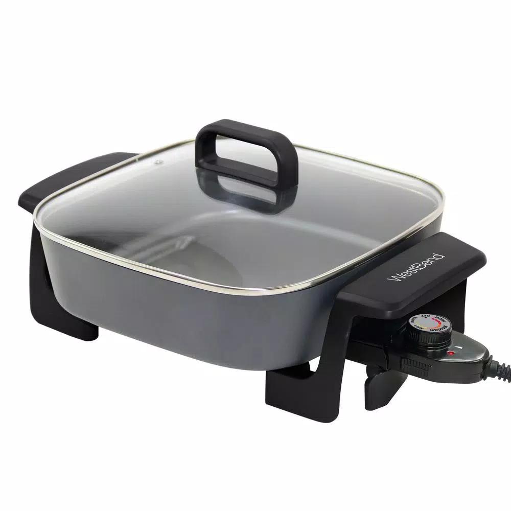 West Bend 12 in. Gray Square Electric Skillet with Grease Channel and Tilt Leg