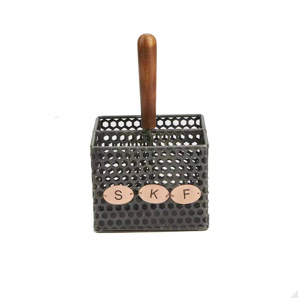 Mind Reader Black Metal 4-Compartment Utensil Basket with Wood Handle - Flatware & Cutlery Organizer