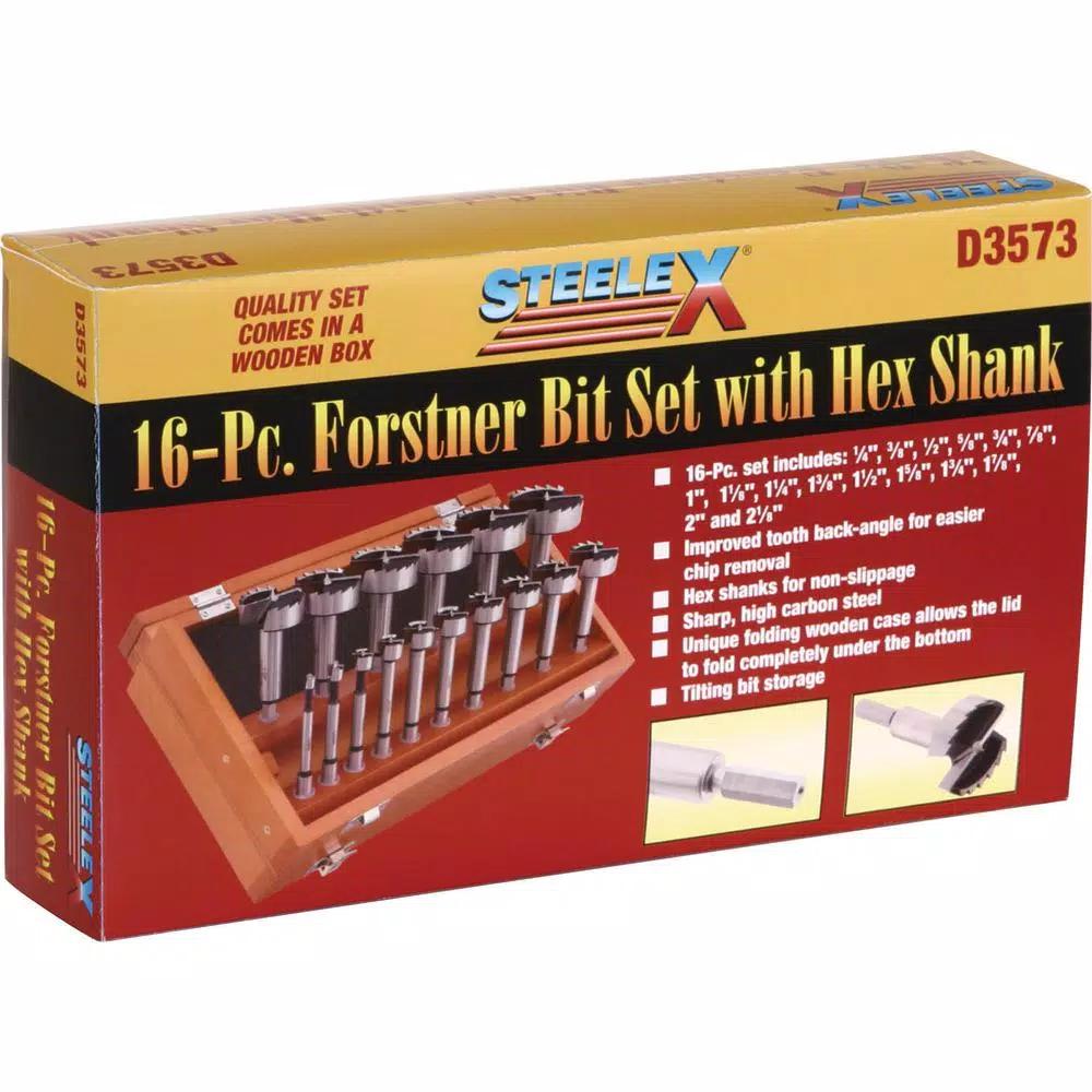 Shop Fox 16-Piece Forstner Bit Set, 1/4 in. to 2-1/8 in., High Carbon Steel with Hex Shank and Wooden Storage Case