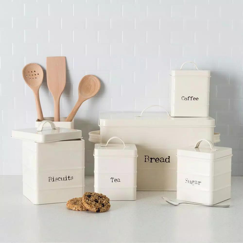 Home Basics Vintage Style Tin Bread Box - Ivory Metal Bread Canister with Airtight Lid
