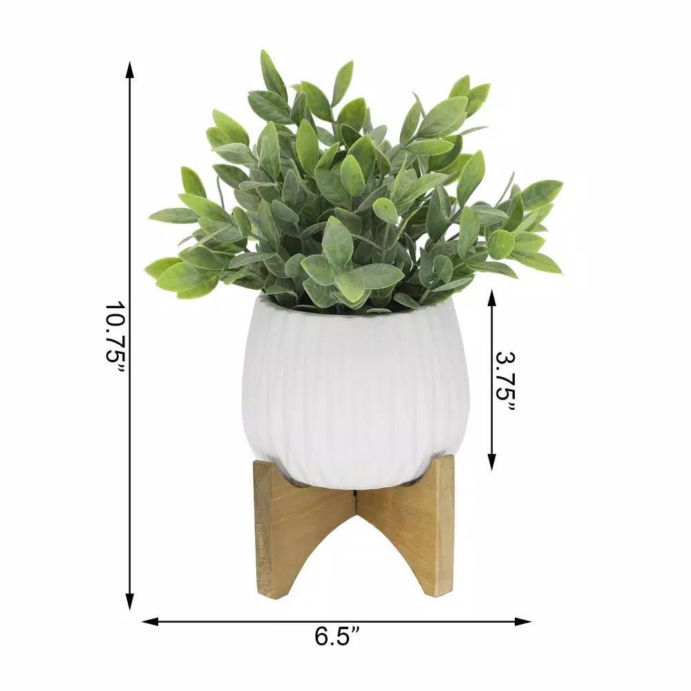 Flora Bunda 10.75 in. Faux Tea Leaf Plant in White Ridge Pattern Ceramic Planter with Wood Stand