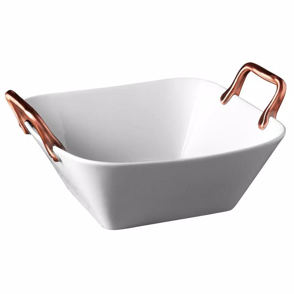 Denmark Square White Porcelain Serving Platter with Brushed Copper Handles, 11 in. Chip Resistant