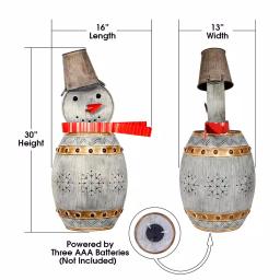 Alpine Corporation 30 in. Weathered Metal Barrel Snowman Sculpture with Warm White LED Lights thumbnail 3