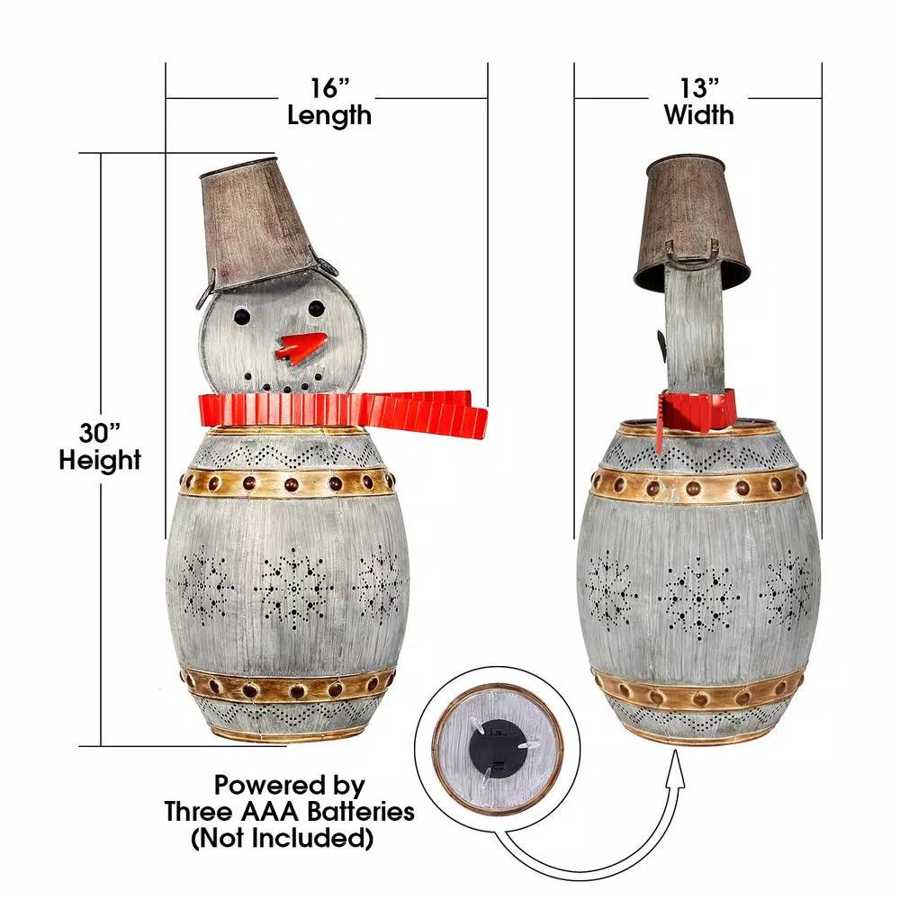 Alpine Corporation 30 in. Weathered Metal Barrel Snowman Sculpture with Warm White LED Lights