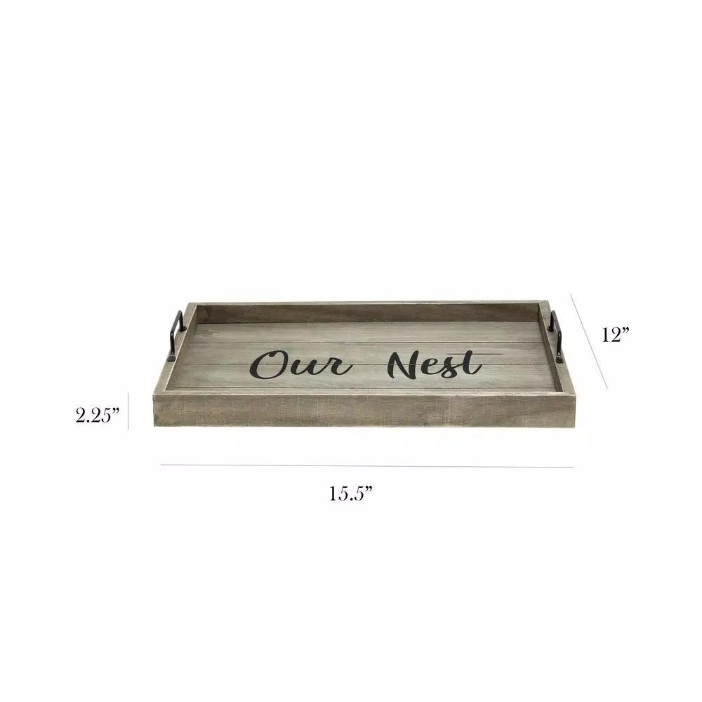 Elegant Designs Our Nest Rustic Gray Wooden Decorative Serving Tray with Black Metal Handles