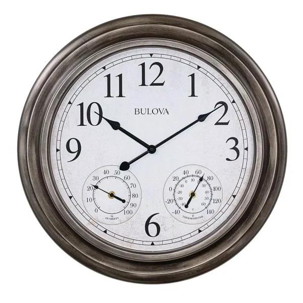 Bulova Block 20 in. Indoor/Outdoor Round Wall Clock with Thermometer and Hygrometer, Aged Silver