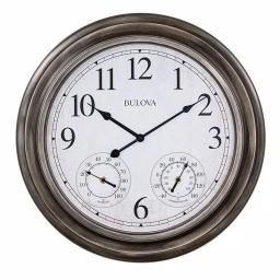 Bulova Block 20 in. Indoor/Outdoor Round Wall Clock with Thermometer and Hygrometer, Aged Silver thumbnail 1