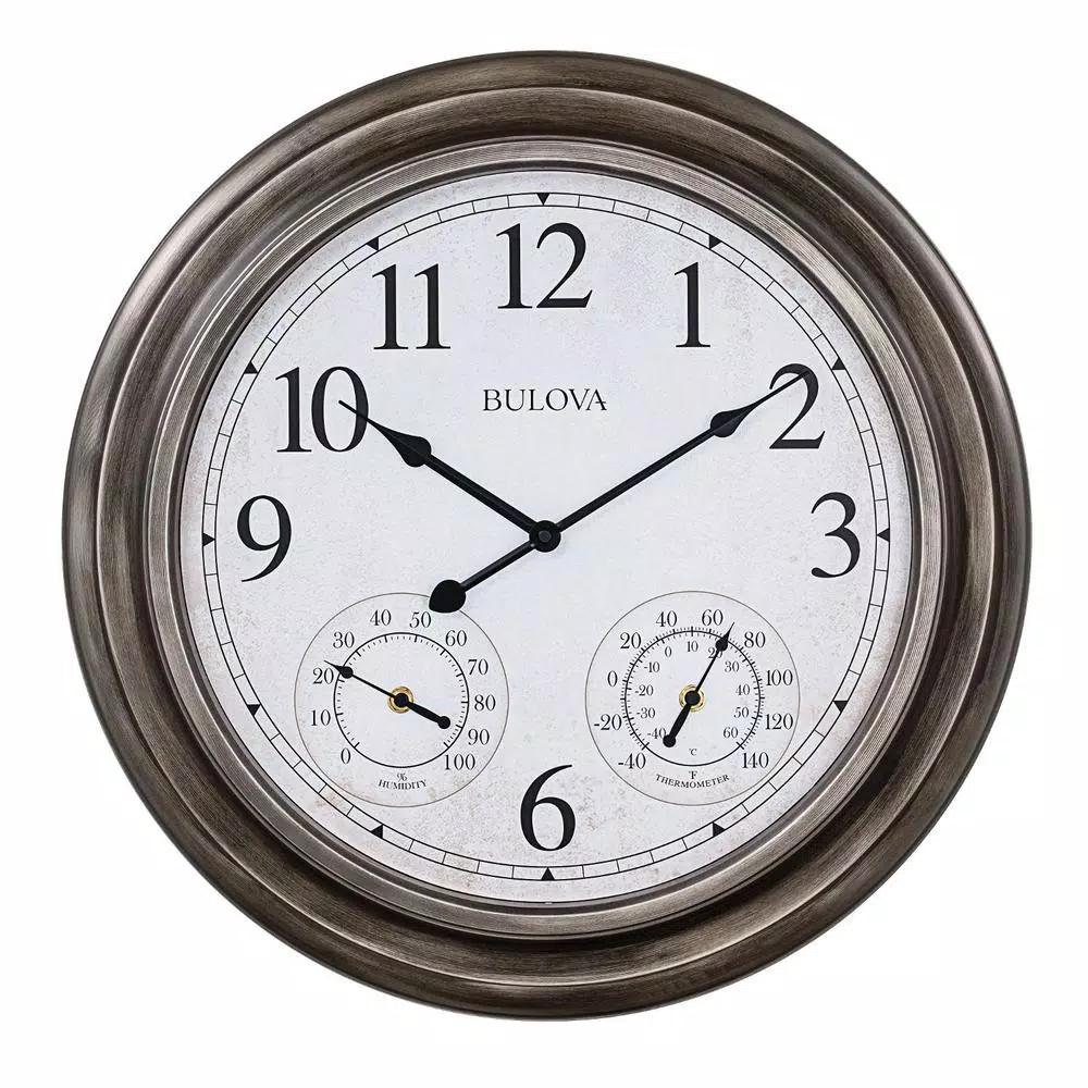 Bulova Block 20 in. Indoor/Outdoor Round Wall Clock with Thermometer and Hygrometer, Aged Silver