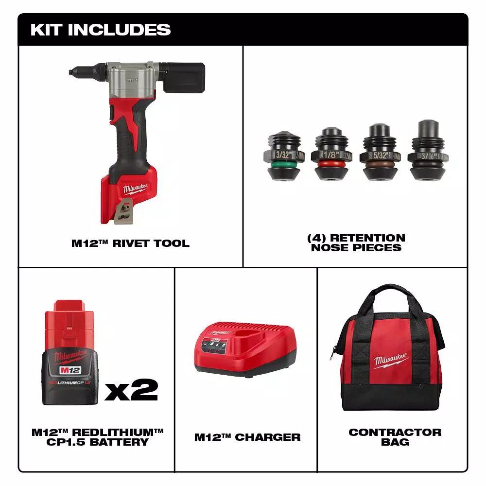 Milwaukee M12 12V Lithium-Ion Cordless Rivet Tool Kit with 3/8 in. Ratchet