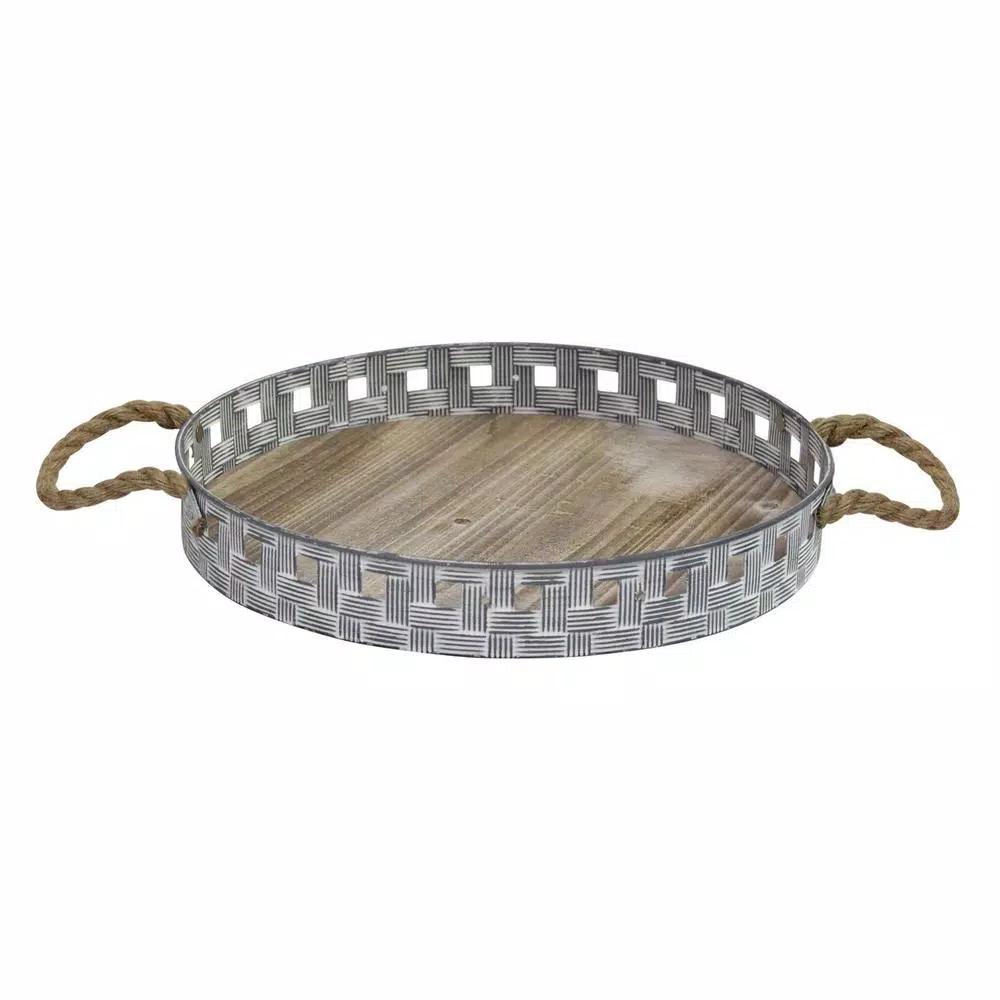 Stratton Home Decor Woven Metal and Wood Decorative Tray, Gray