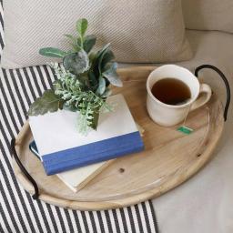 Stratton Home Decor Natural Wood Oval Tray with Black Metal Handles thumbnail 3