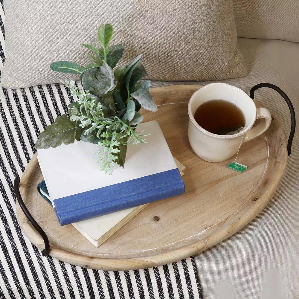 Stratton Home Decor Natural Wood Oval Tray with Black Metal Handles
