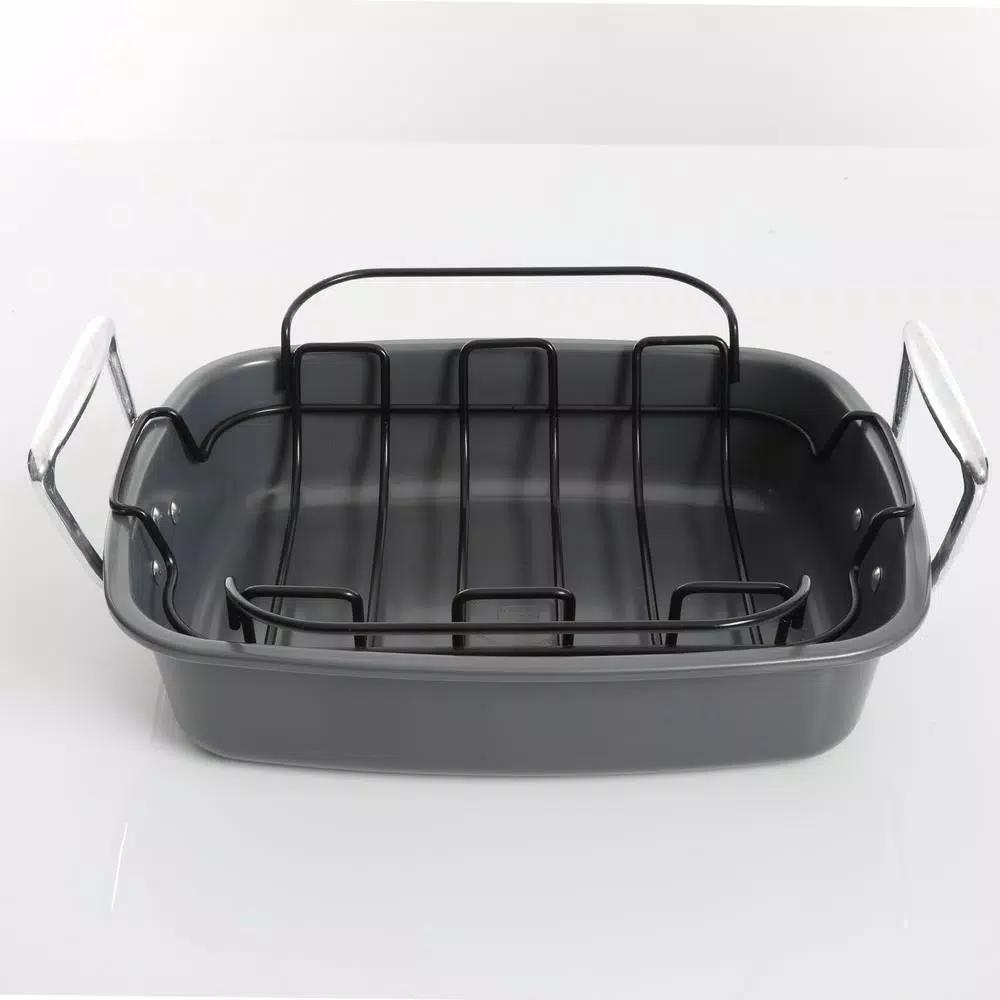 Kenmore Travers 2-Piece Non-Stick Steel Roasting Pan Set with Rack, 16.35 Qt, Gray