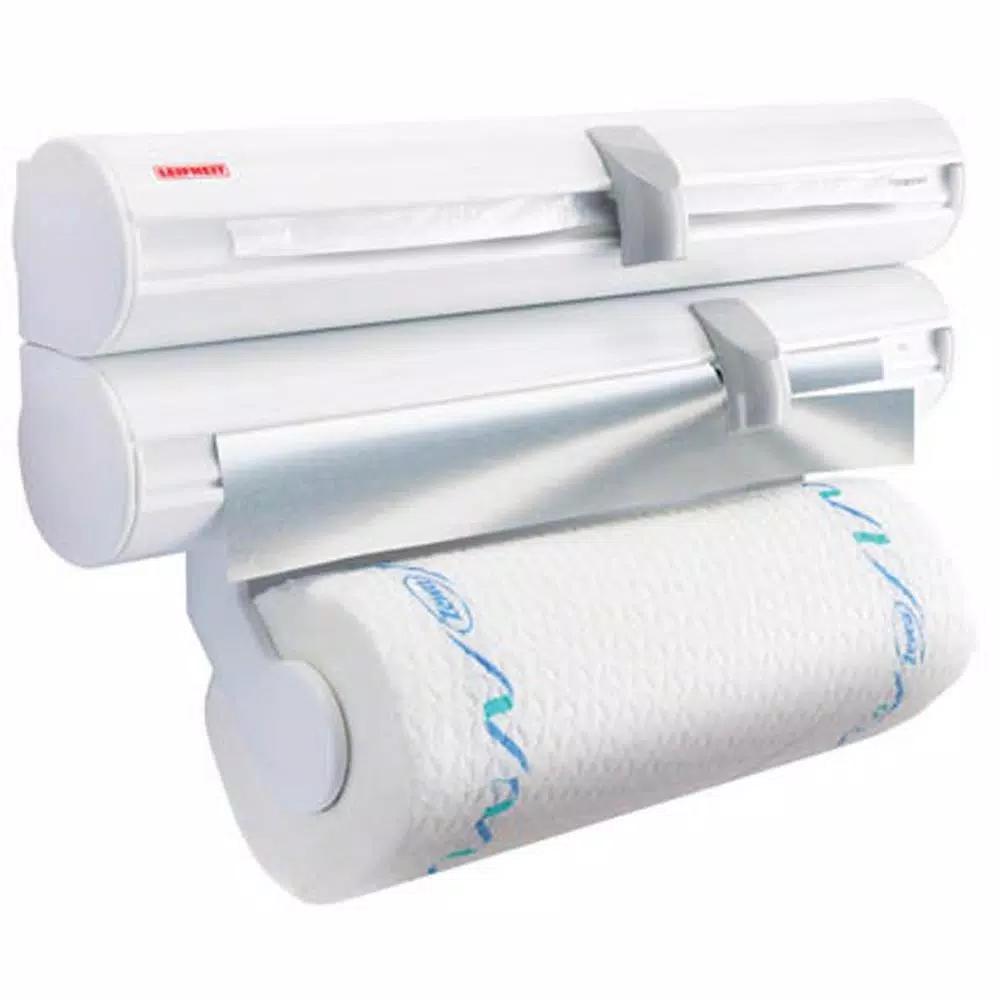 HOUSEHOLD ESSENTIALS Leifheit Wall Mount White Paper Towel Holder and Dual Foil/Plastic Wrap Dispenser