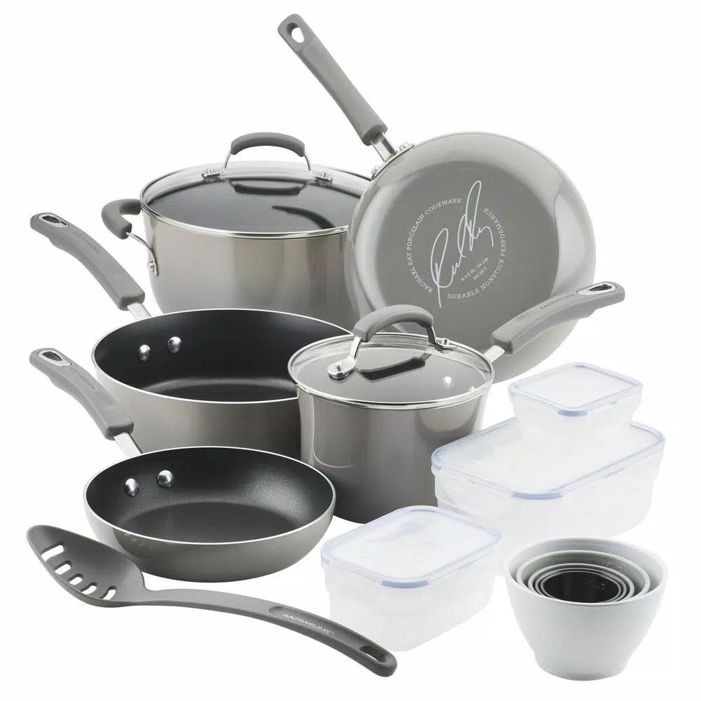 Rachael Ray Classic Brights 19-Piece Sea Salt Gray Nonstick Cookware Set with LocknLock Containers