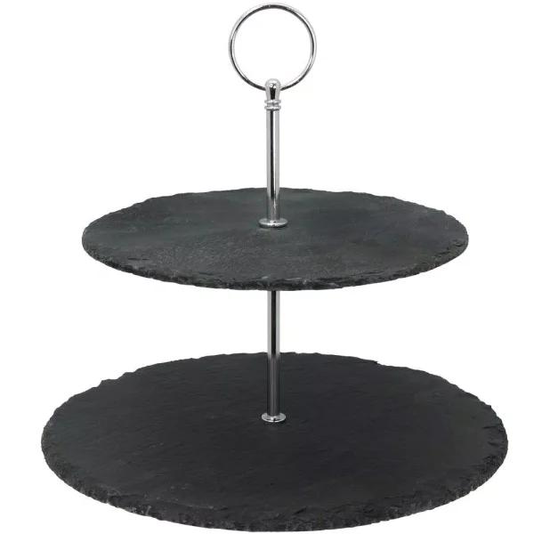 Creative Home 2-Tier Natural Black Slate Cake Stand with Zinc Alloy Handles - 12 inch Round Dessert Serving Tray