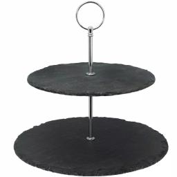 Creative Home 2-Tier Natural Black Slate Cake Stand with Zinc Alloy Handles - 12 inch Round Dessert Serving Tray thumbnail 1