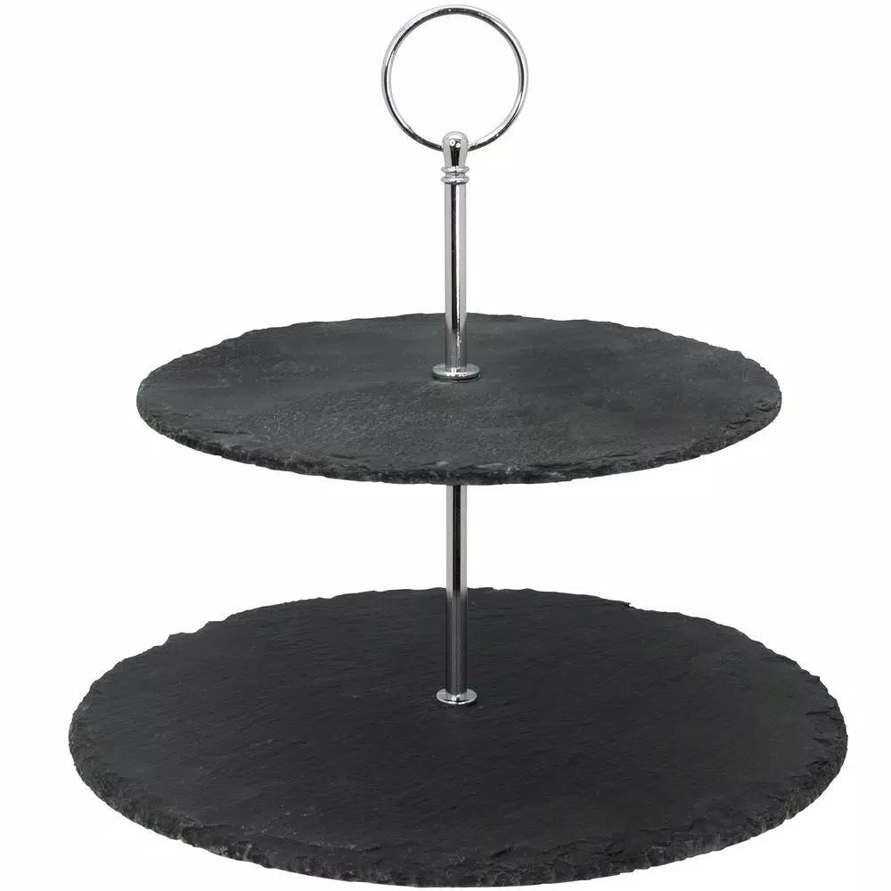 Creative Home 2-Tier Natural Black Slate Cake Stand with Zinc Alloy Handles - 12 inch Round Dessert Serving Tray