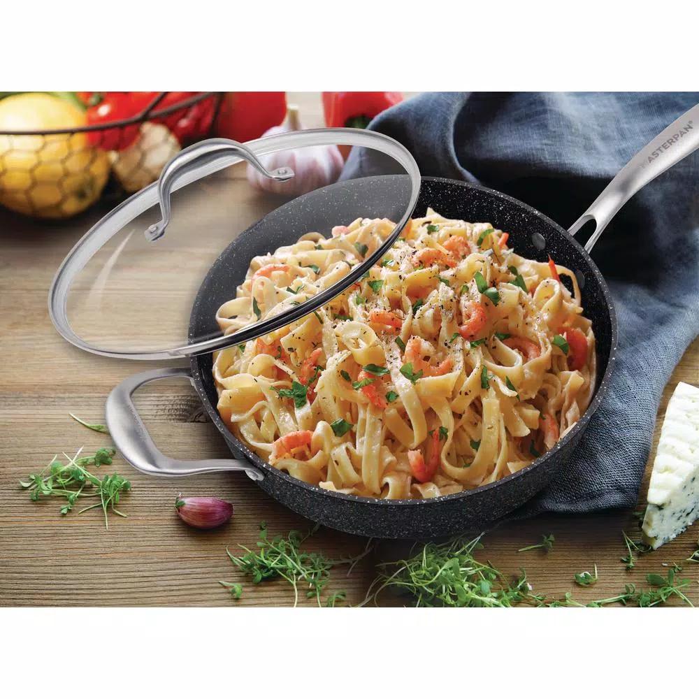 MasterPan Granite Ultra 5 qt. Cast Aluminum Nonstick Saute Pan with Glass Lid, Black