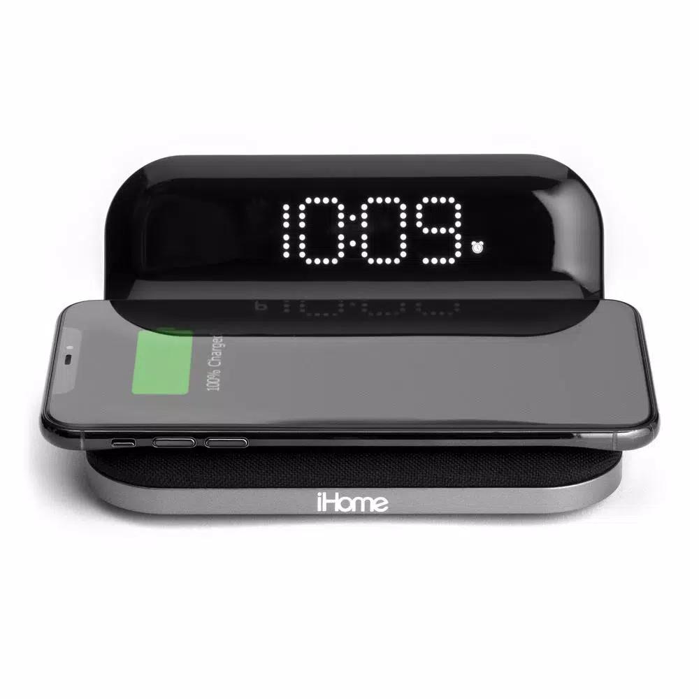 iHome Sleek Digital Alarm Clock with Qi Wireless Charging and USB Port, Designer Fabric Finish