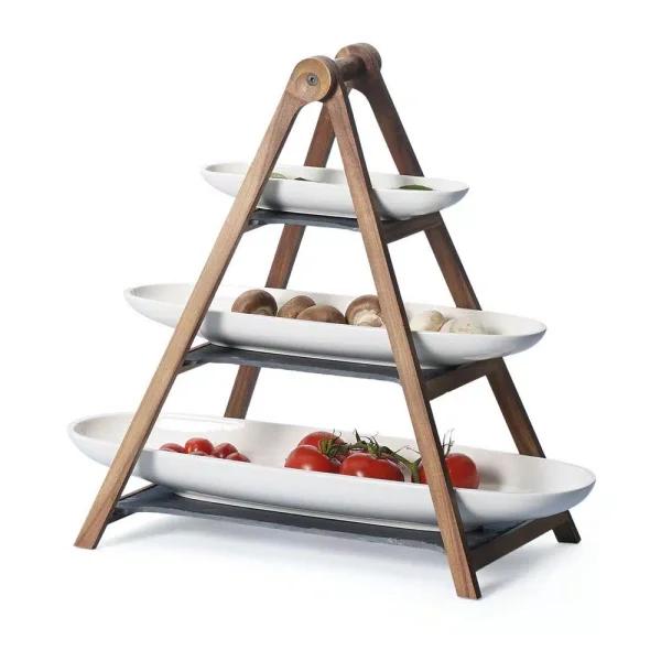 Villeroy & Boch Artesano 4-Piece Tiered Server Set with Porcelain Bowls, Acacia Wood & Slate