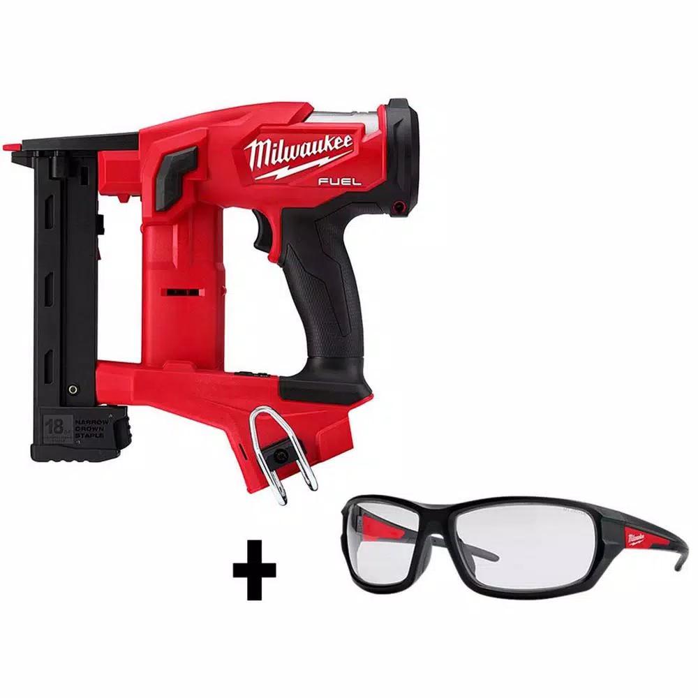 Milwaukee M18 FUEL 18-Gauge 1/4 in. Narrow Crown Stapler & Clear Safety Glasses Combo Kit