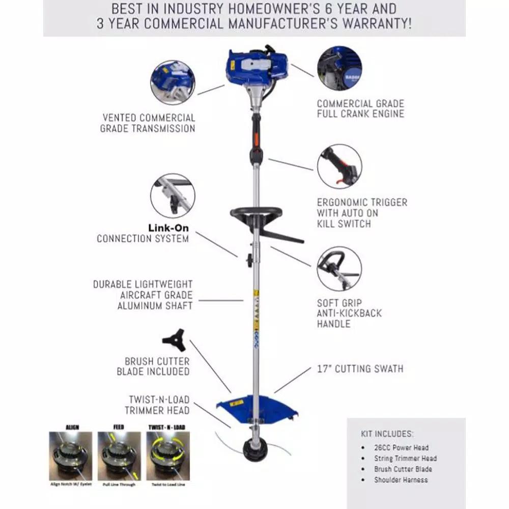 Badger WB26BCI 26cc 2-Cycle Gas 2-in-1 Grass Trimmer and Brush Cutter with Harness