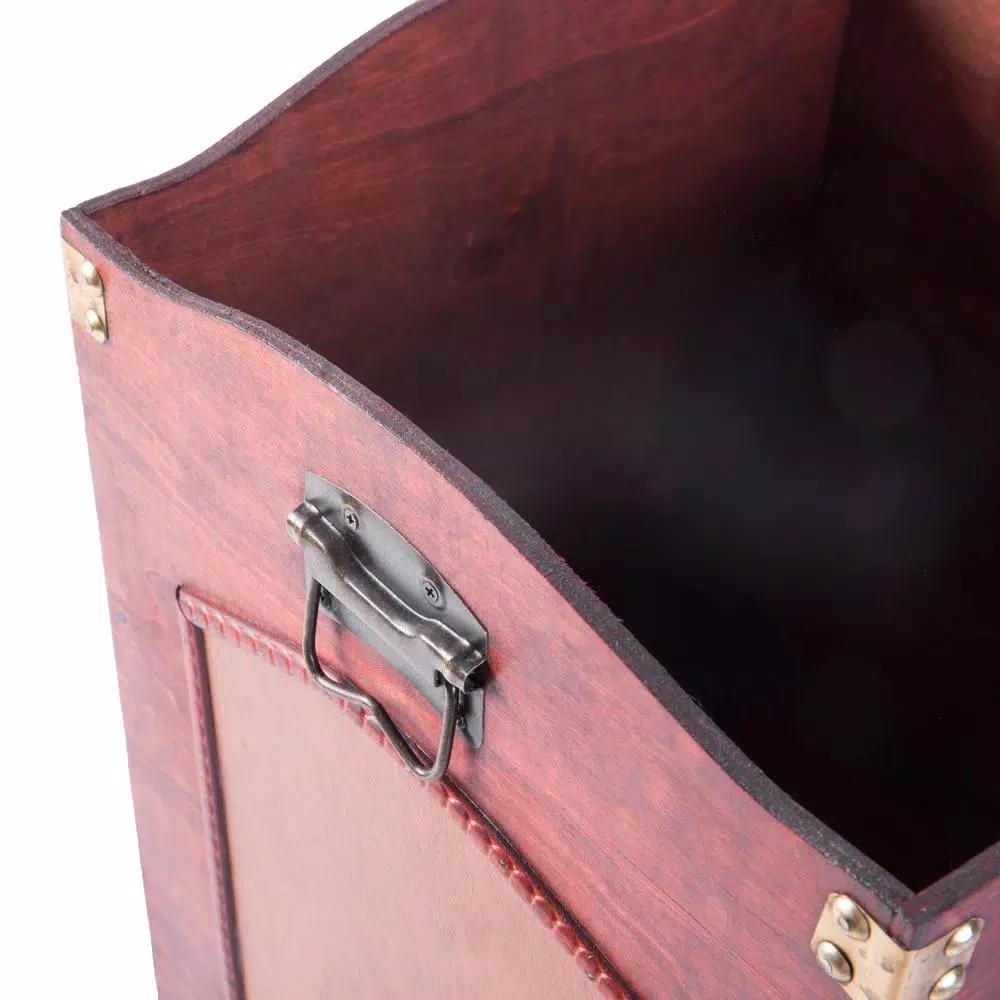 Vintiquewise Rustic Cherry Wood Decorative Trash Bin with Faux Leather Accents and Handles